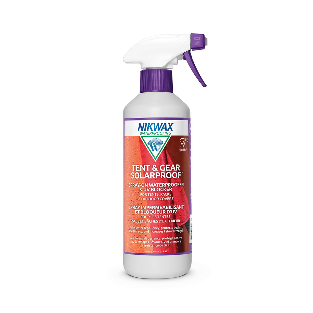 Nikwax Tent & Gear Solarproof spray bottle front view for convenient fabric protection.