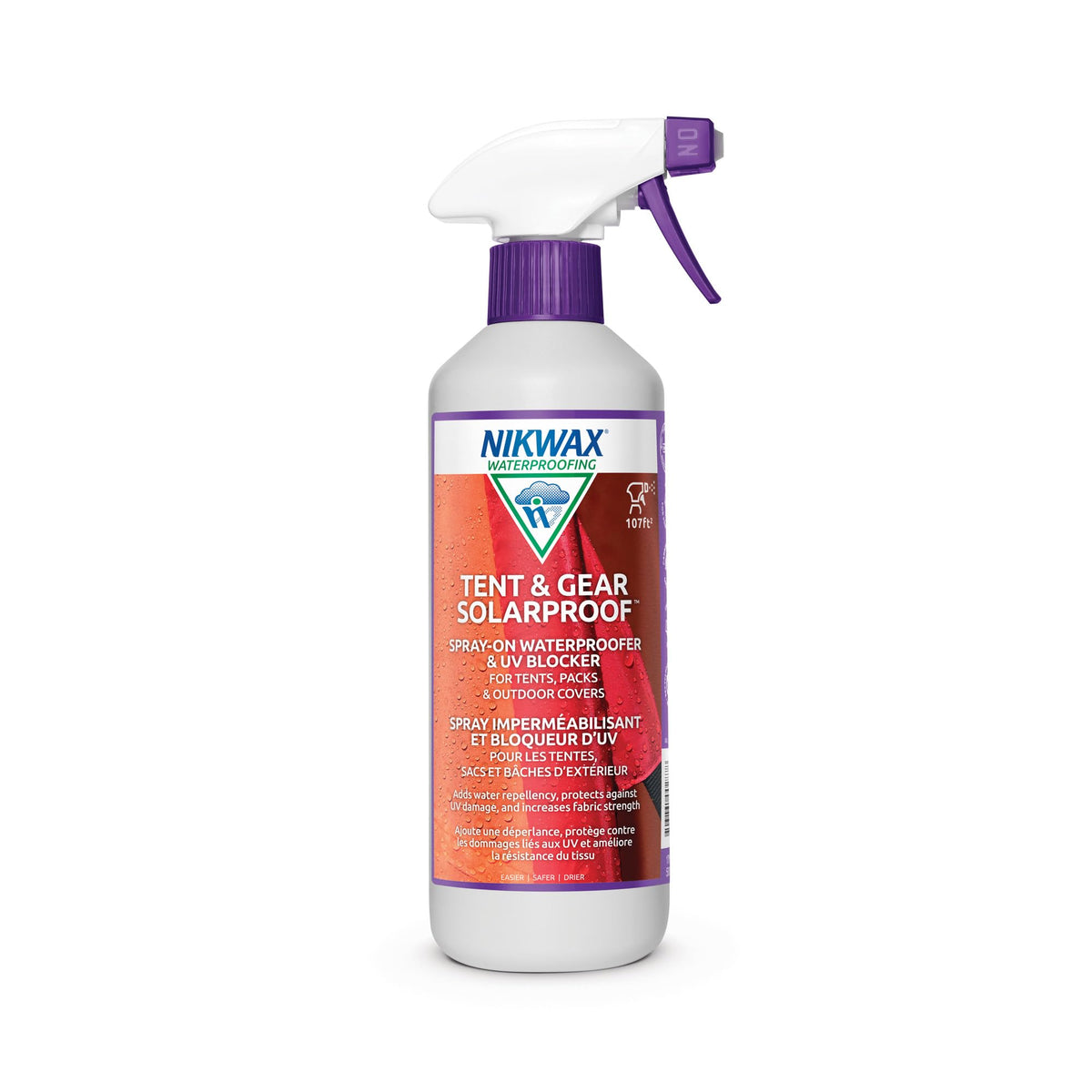 Nikwax Tent & Gear Solarproof spray bottle front view for convenient fabric protection.