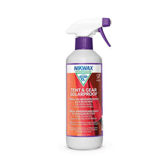 Nikwax Tent & Gear Solarproof spray bottle front view for convenient fabric protection.
