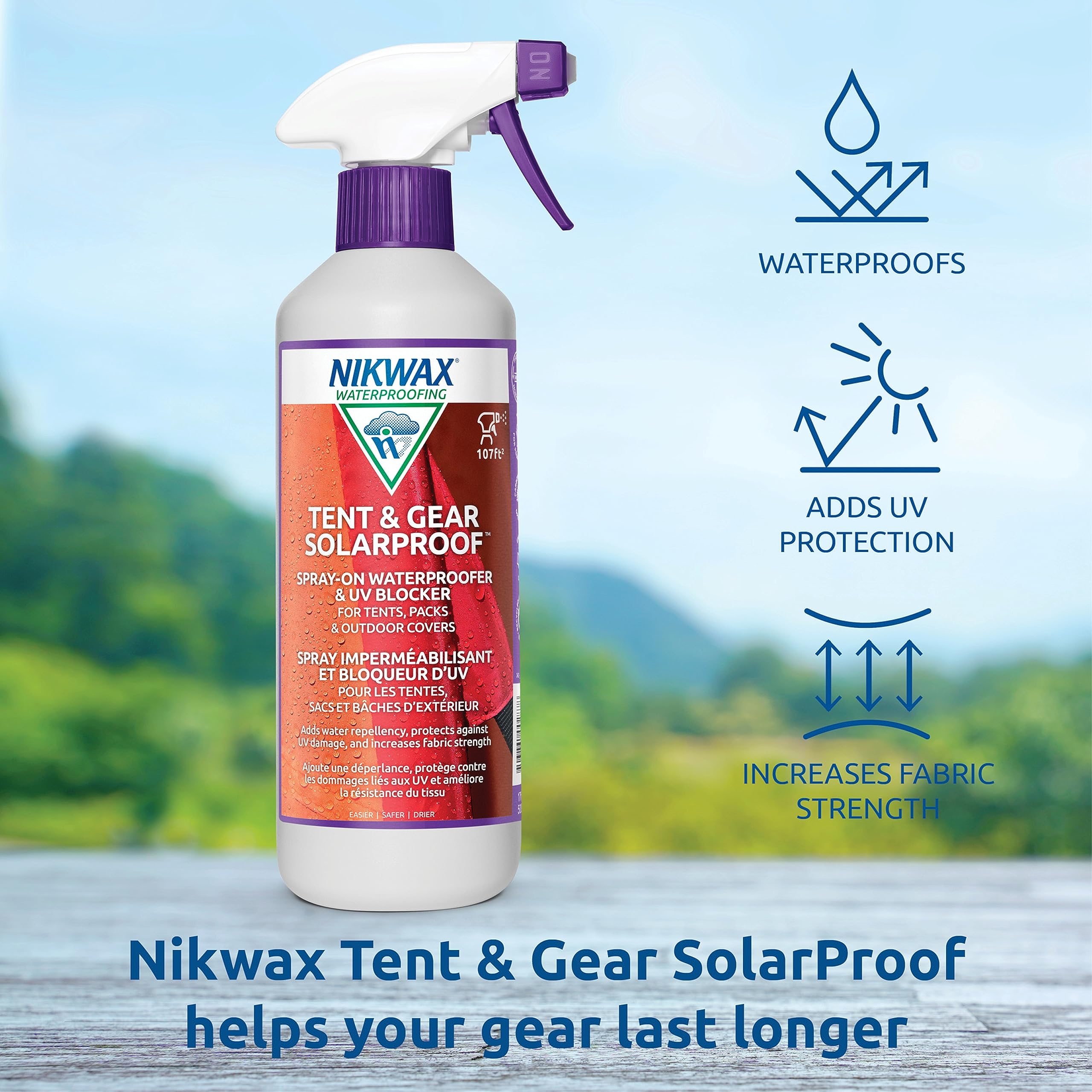Tent and backpack treated with Solarproof for enhanced durability.