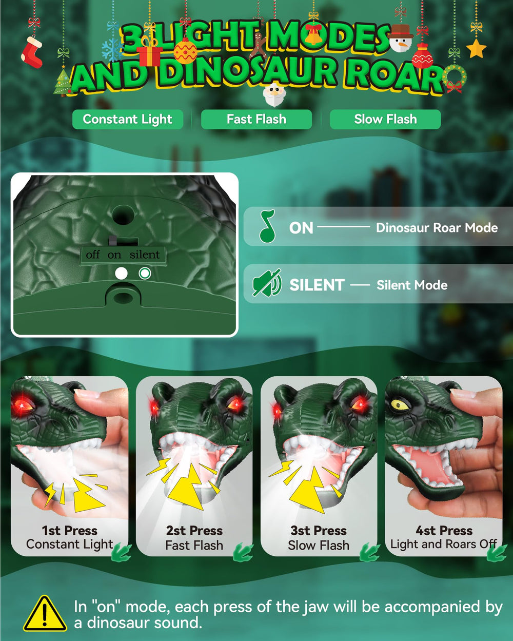 Niovexium dinosaur headlamp mute mode for silent lighting