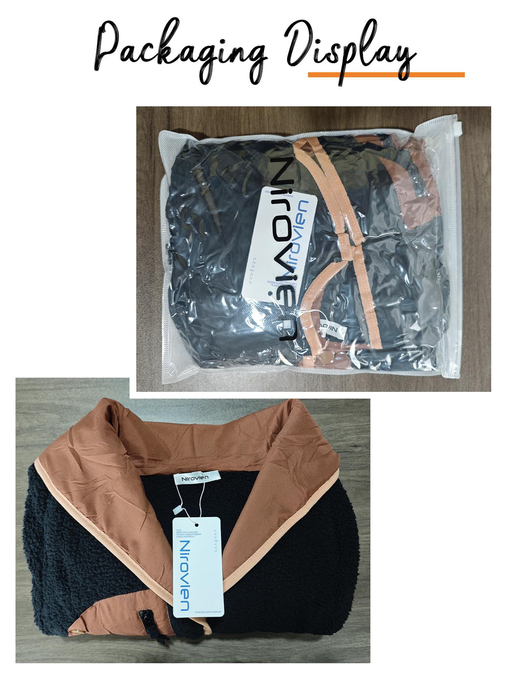 Nirovien Sherpa Jacket care guide shows cold wash and line dry to preserve look.