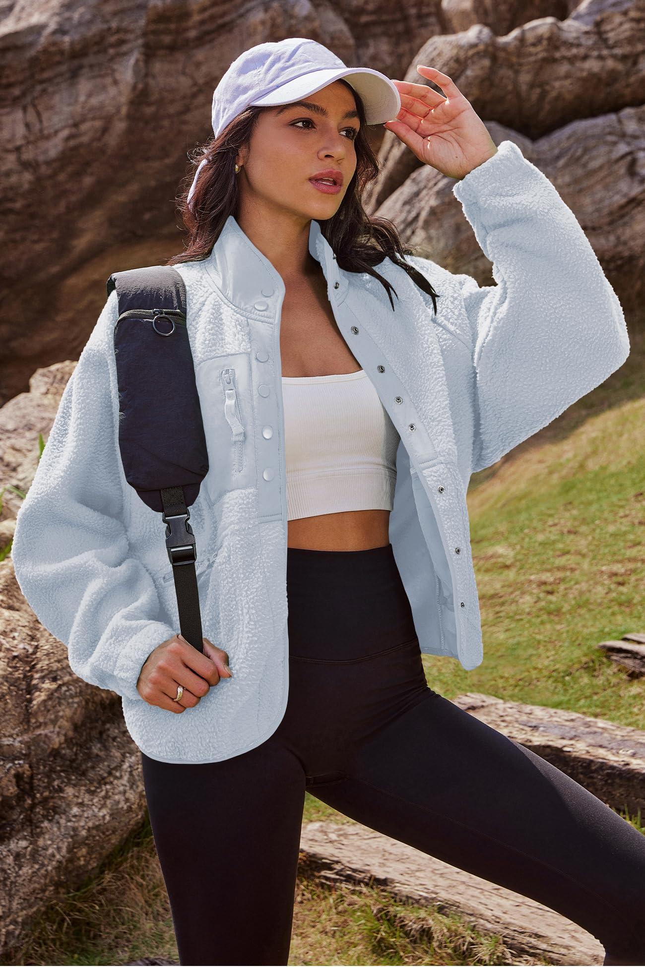 Nirovien fleece jacket cropped fit closeup reveals plush teddy fleece