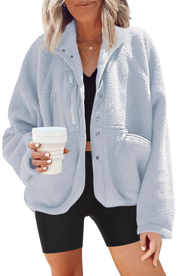Nirovien fleece jacket dusty blue front view shows warm sherpa texture and fit