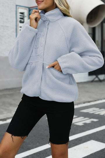 Nirovien fleece jacket dusty blue side view highlights cropped silhouette for layering