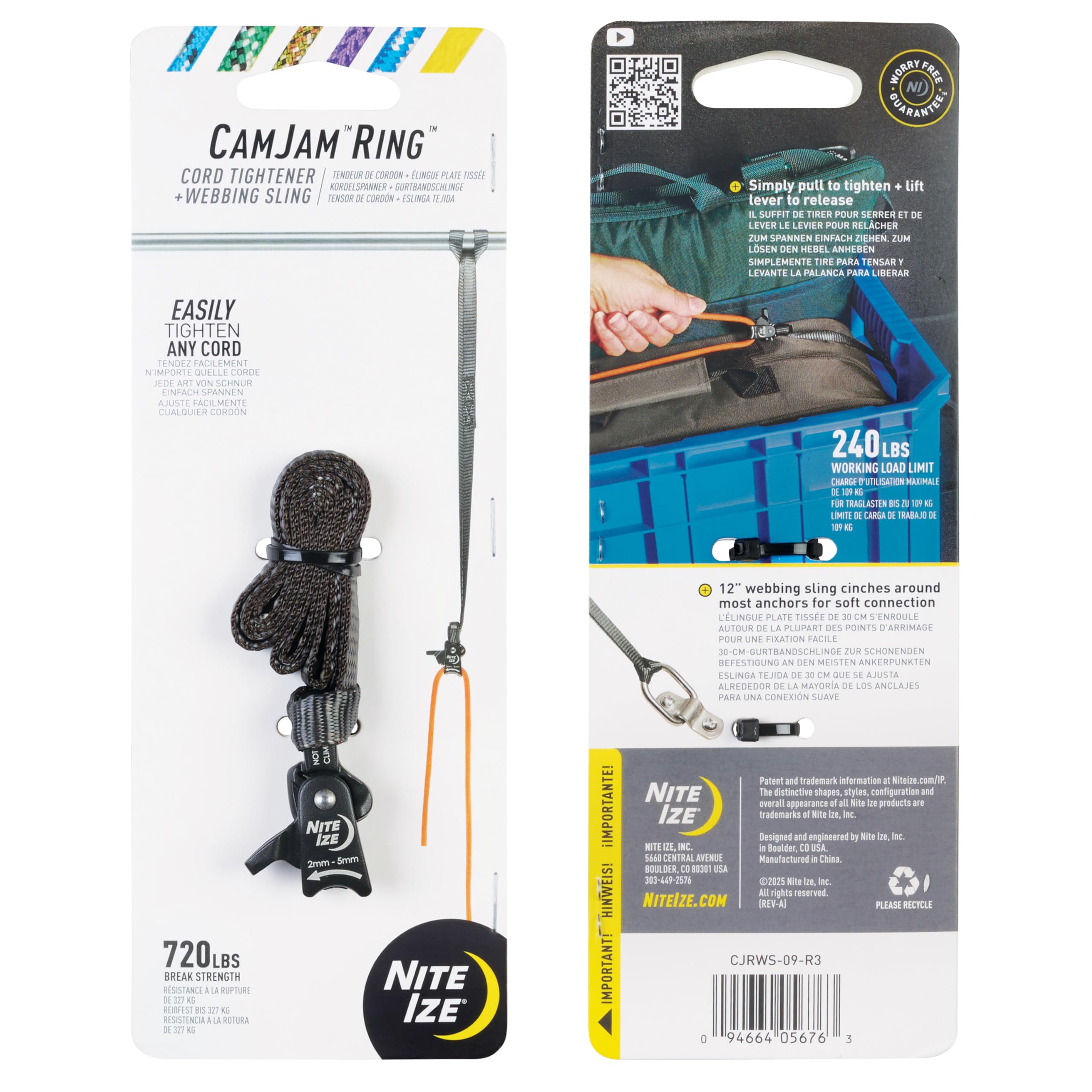 Pull-to-tighten cam mechanism delivering instant tension on cords.