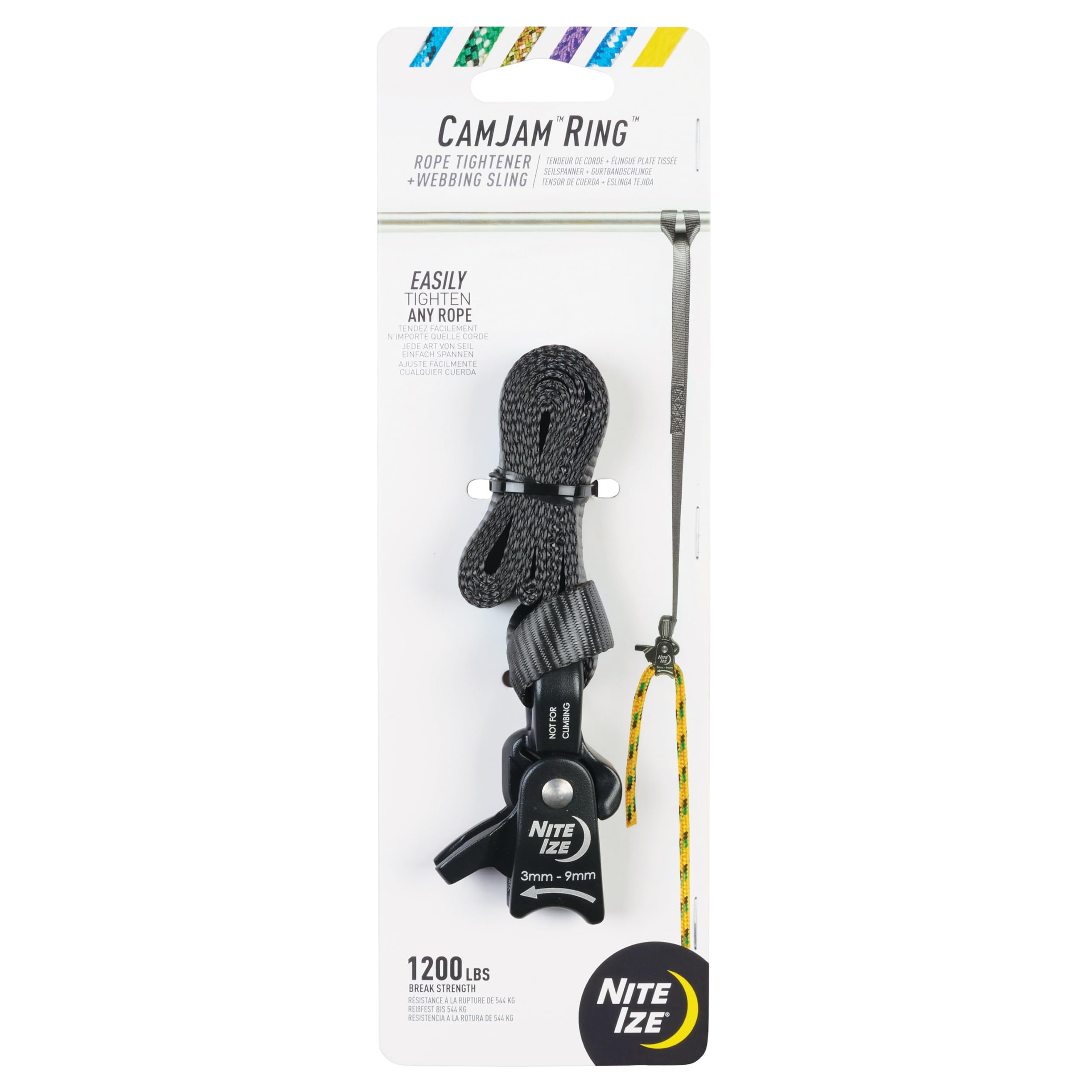 Nite Ize CamJam Ring Tightener close-up in rugged aluminum for secure cord tightening.