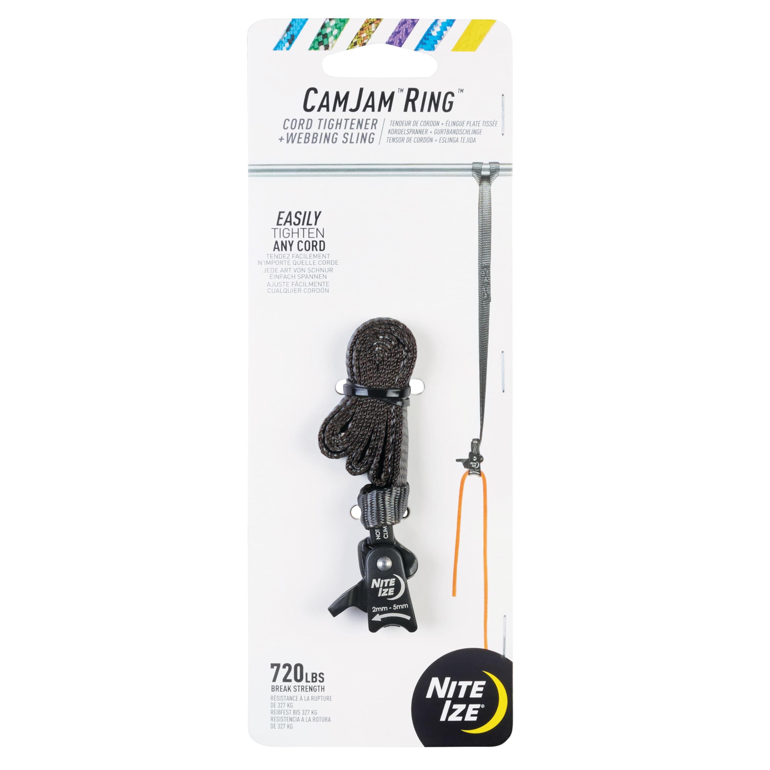 Nite Ize CamJam Ring Tightener in action for secure cord control during camping.