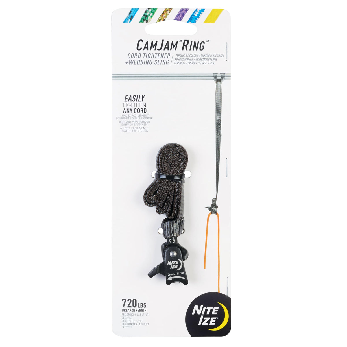 Nite Ize CamJam Ring Tightener in action for secure cord control during camping.