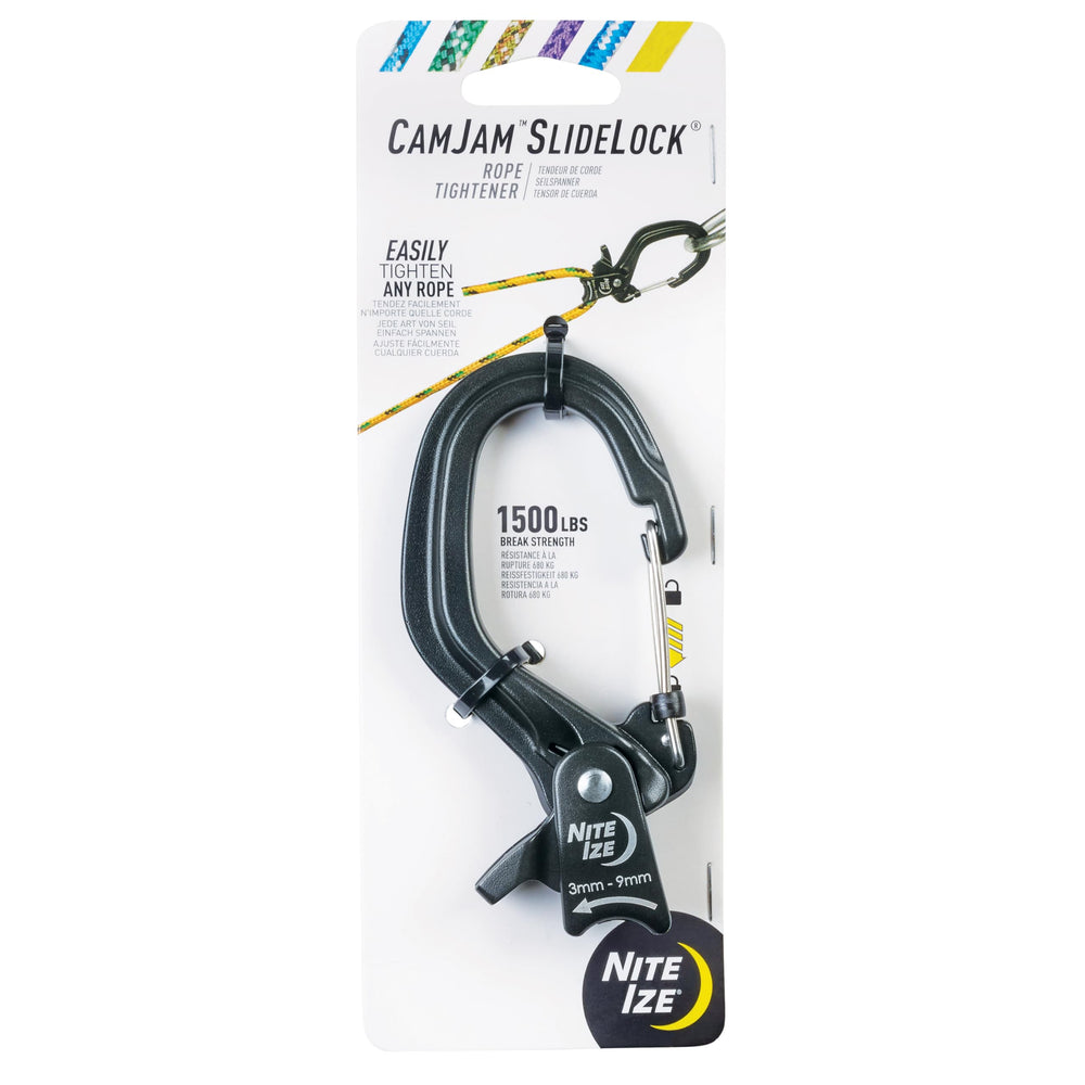 Nite Ize CamJam SlideLock rope-tightener securing a line to a D-ring for knot-free tightening