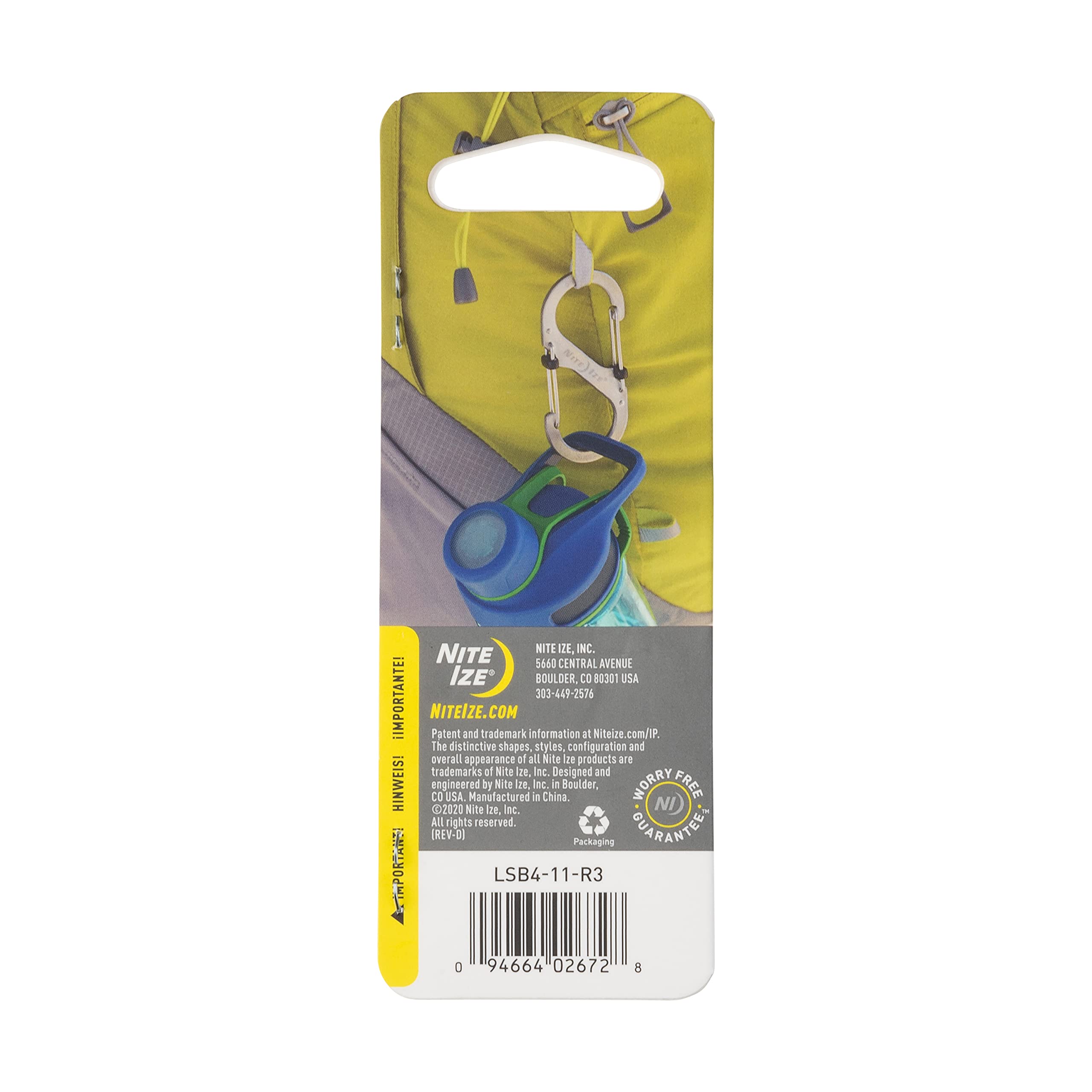 Nite Ize carabiner clip packaging with dimensions in silver