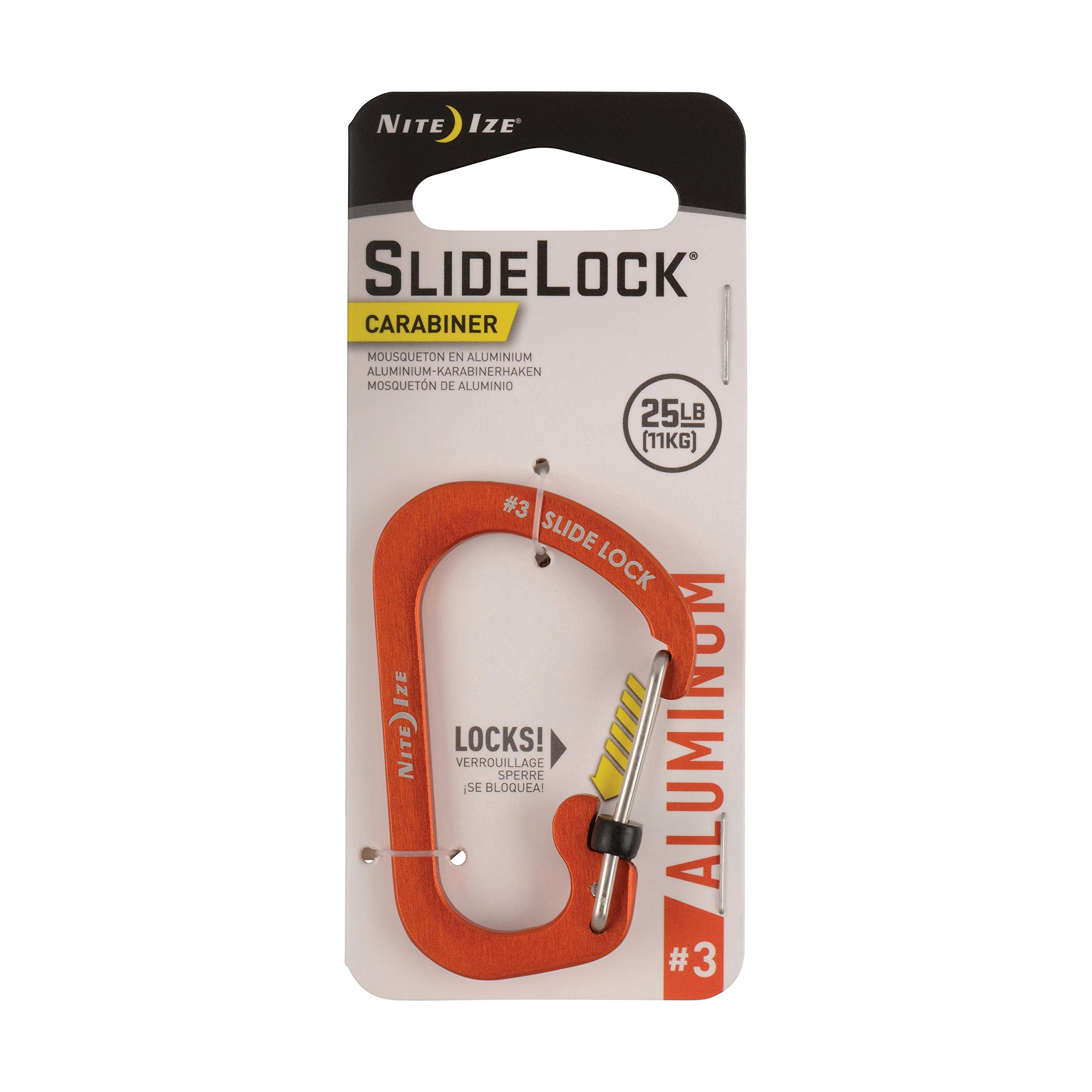 Nite Ize SlideLock No3 orange carabiner closeup of the secure lock mechanism