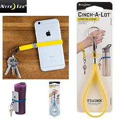 Nite Ize Cinch-A-Lot Blue adjustable strap holding lip balm or small items.