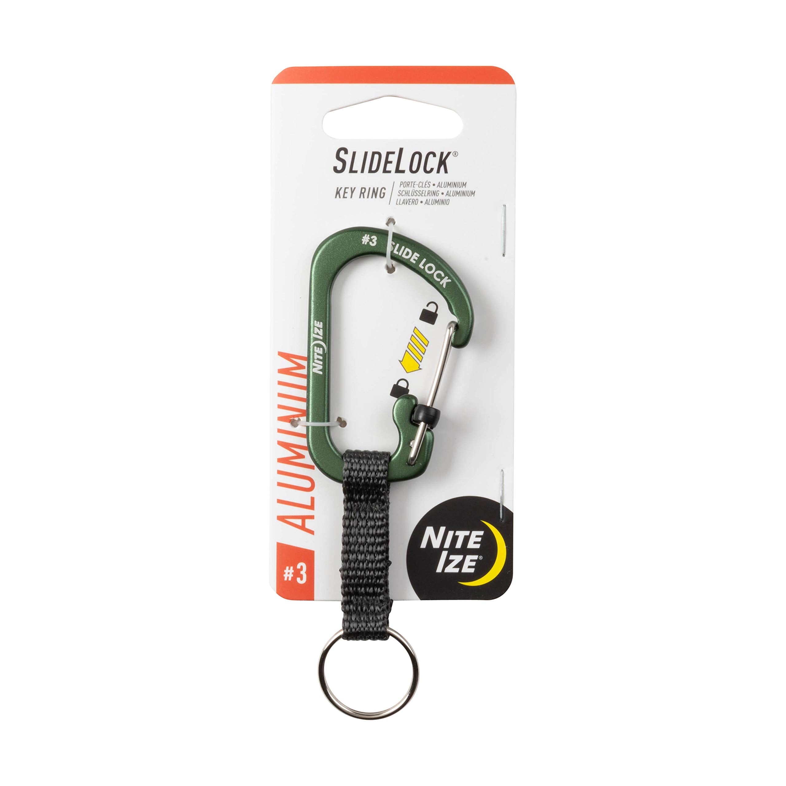 Nite Ize CSLAW3-08-R6 locking carabiner close-up with olive finish and secure latch