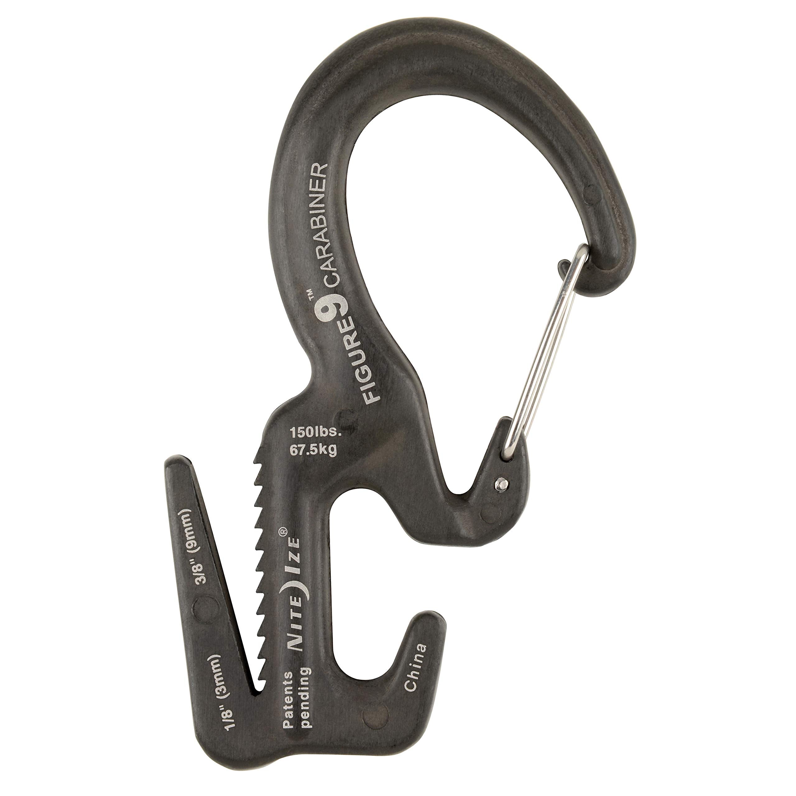Nite Ize Figure 9 carabiner close-up shows prongs guiding rope precisely.