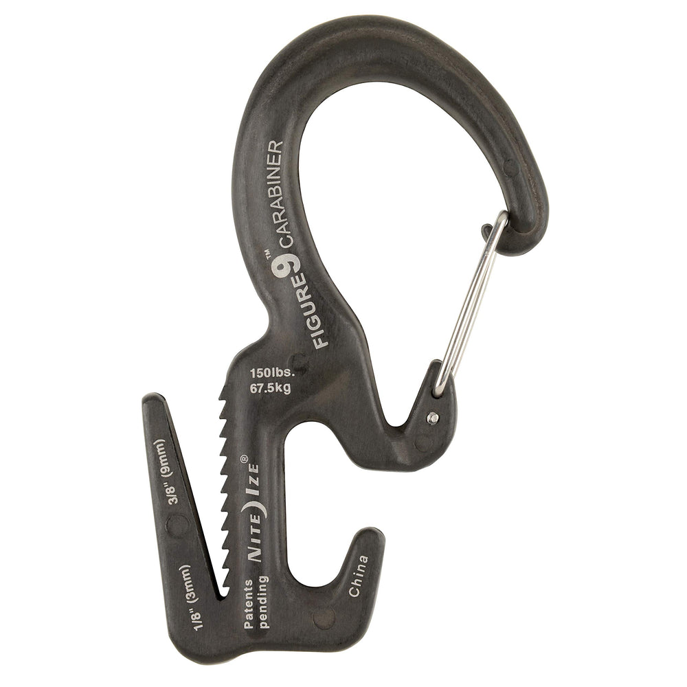 Nite Ize Figure 9 carabiner close-up shows prongs guiding rope precisely.