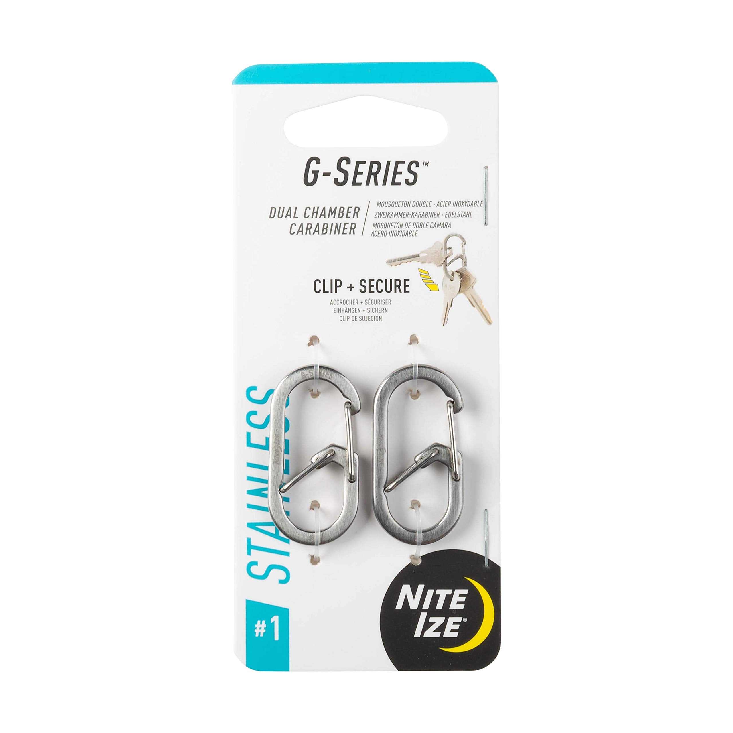 Nite Ize G-Series dual-chamber carabiner with stainless steel body secures keys.