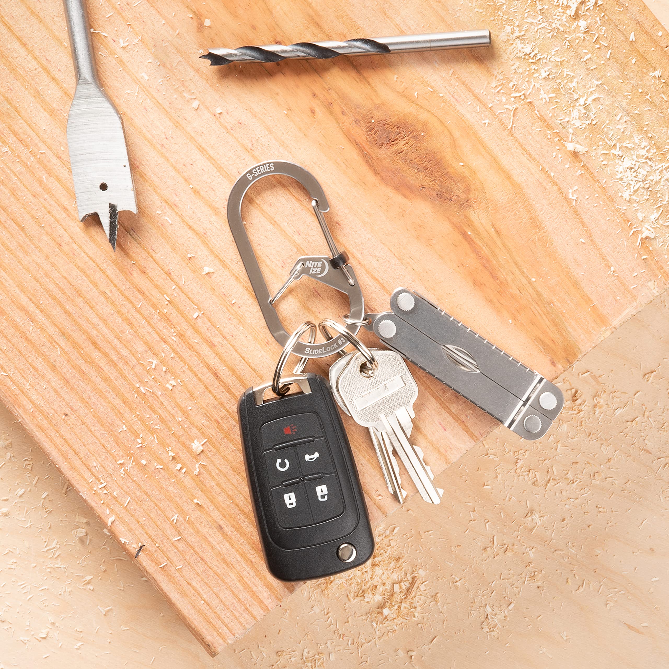 Stainless steel G-Series SlideLock #3 carabiner clips securely to belts and bags.