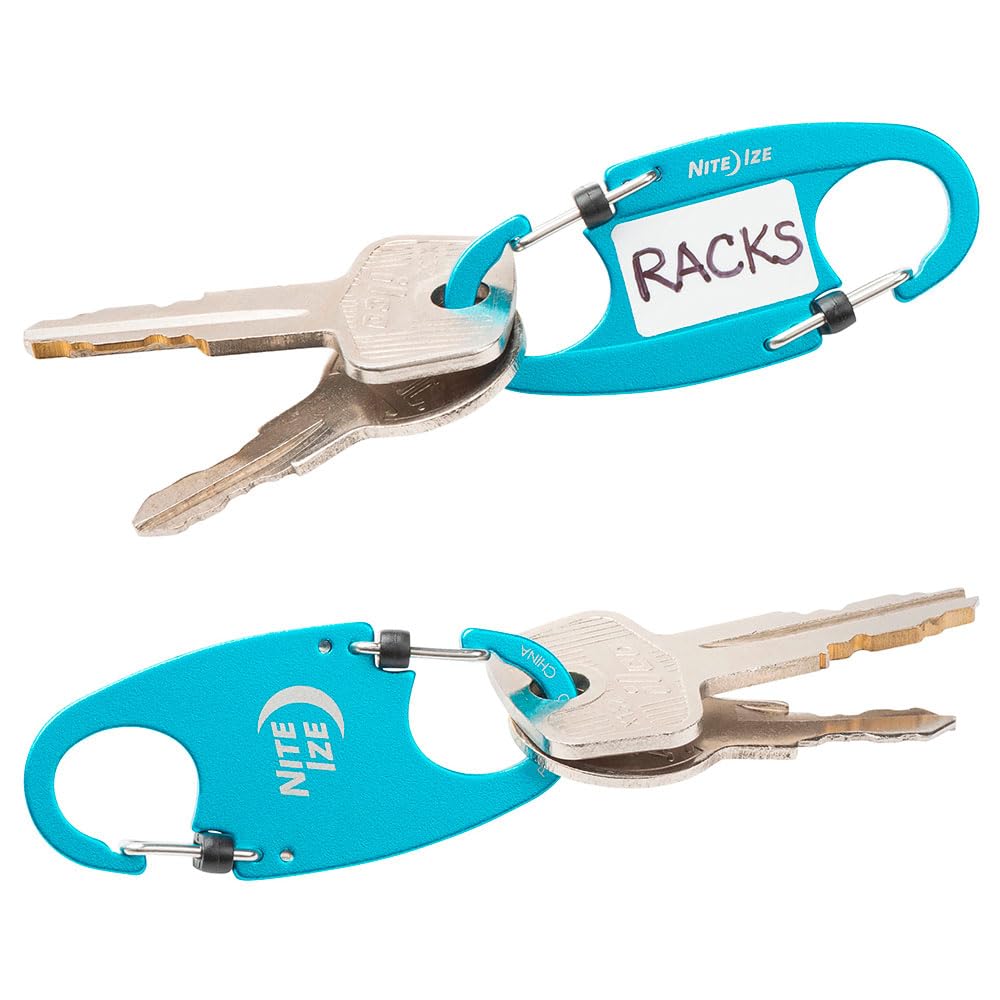 Nite Ize IdentiKey SlideLock dual carabiner front view with labeled keys for quick access