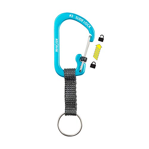 Blue Nite Ize key ring connected to webbing strap keeps keys organized.