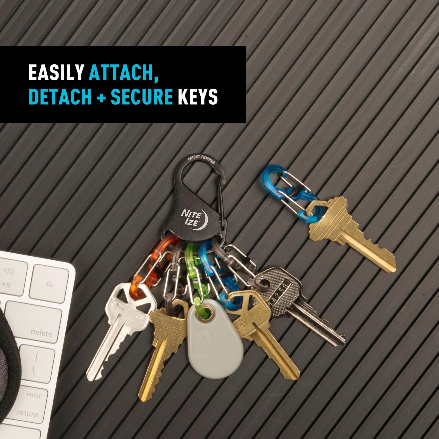 Nite Ize steel carabiner clip enables quick attachment and detachment for easy key changes.