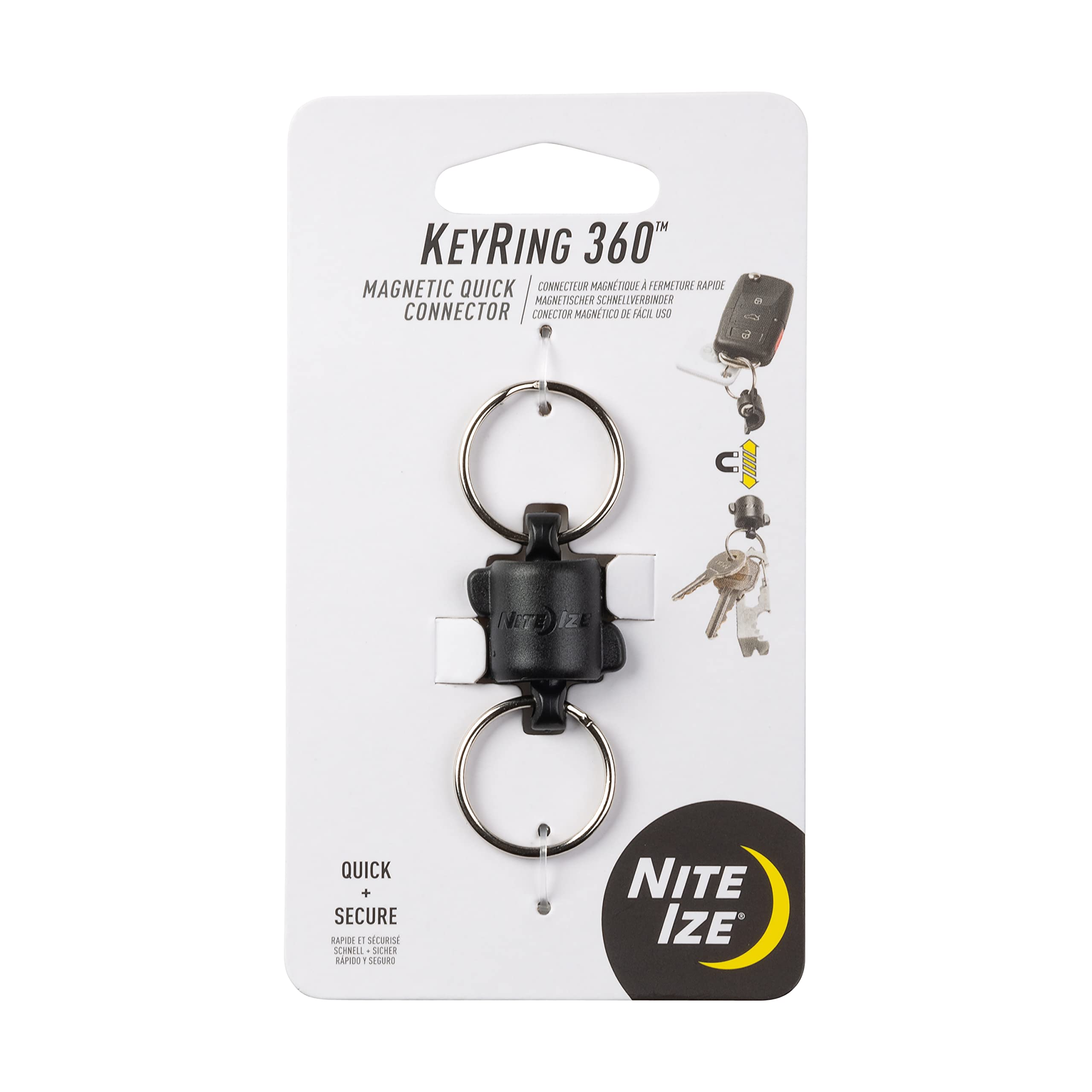 Nite Ize KeyRing 360 front view shows dual magnets for linking two key sets.