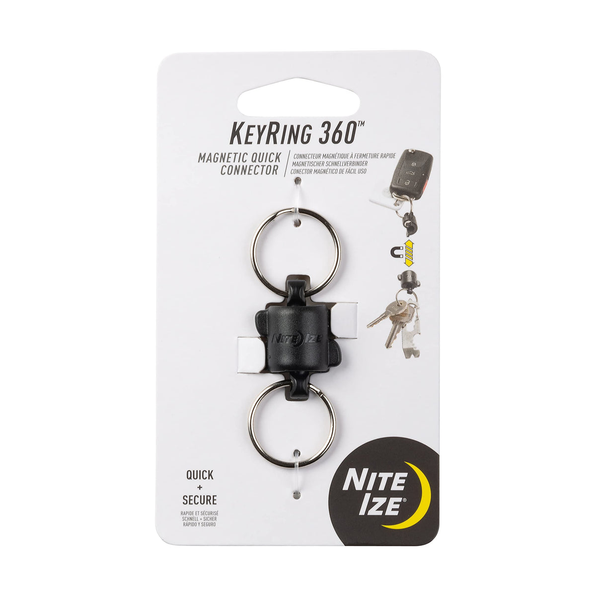 Nite Ize KeyRing 360 front view shows dual magnets for linking two key sets.