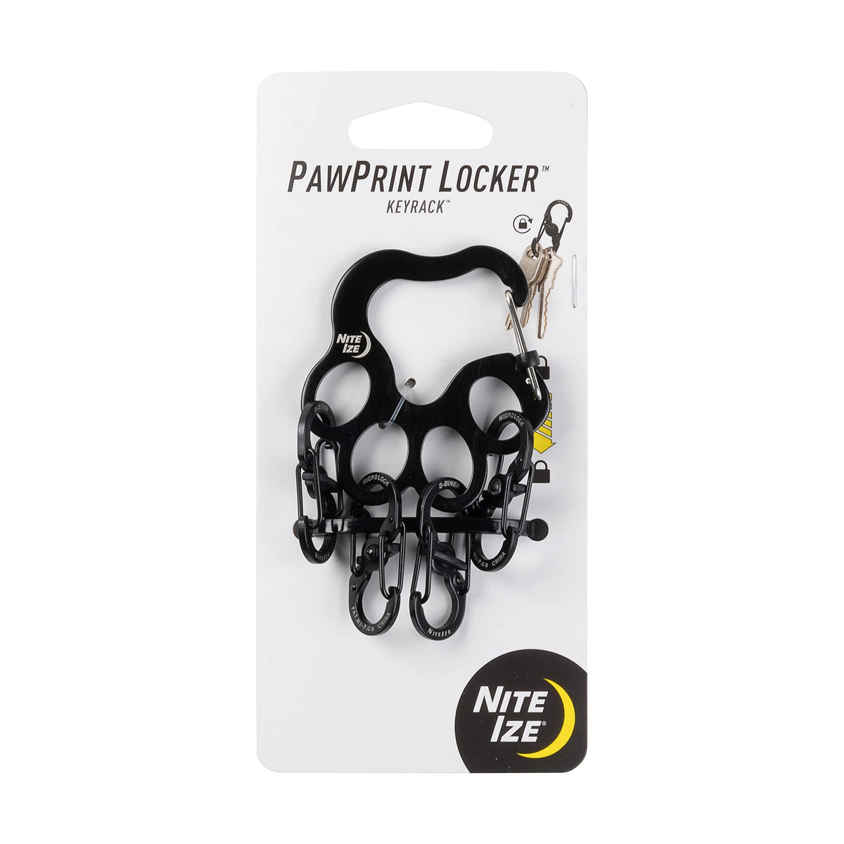 Nite Ize Pawprint Locker KeyRack front view with locking carabiner for secure daily key organization.