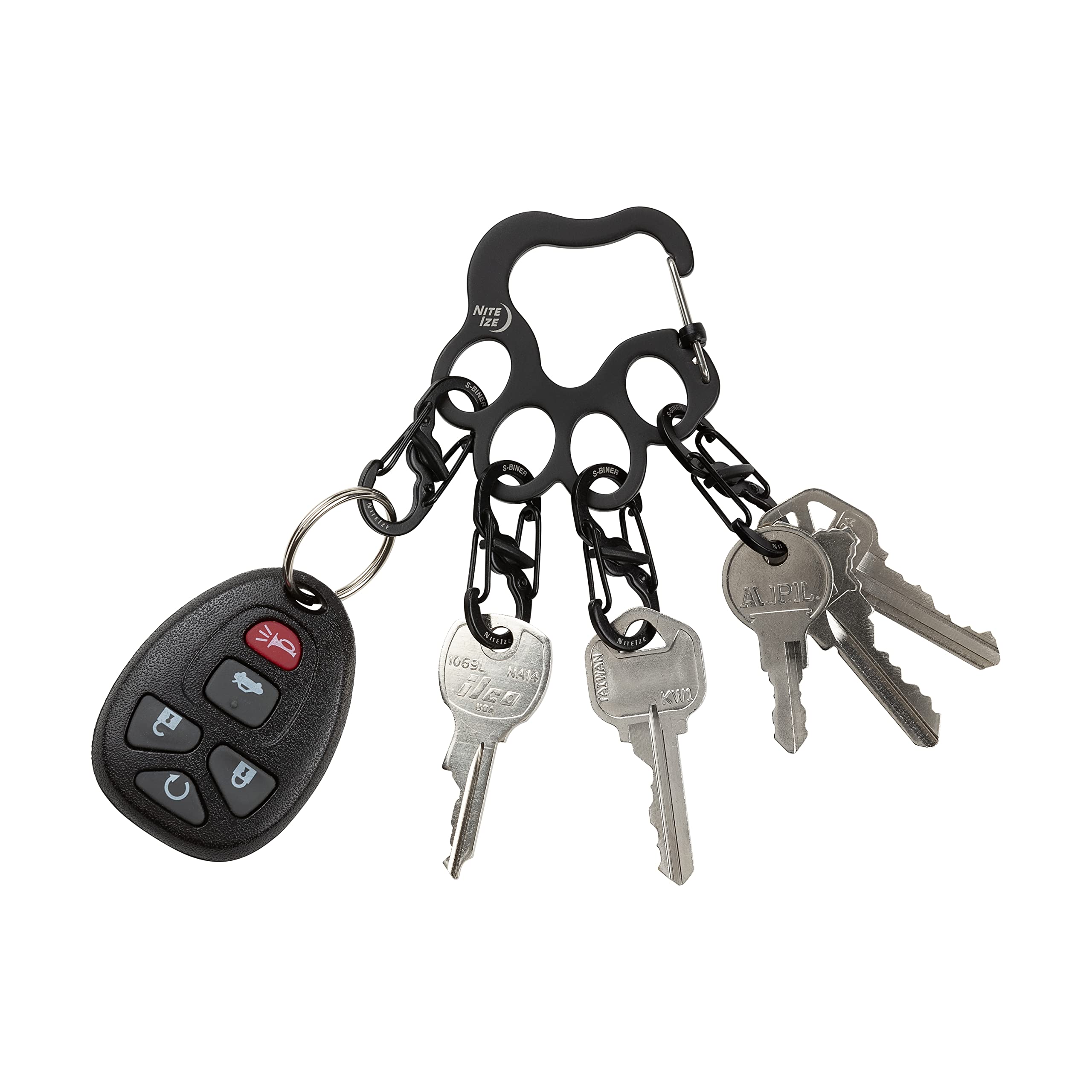 Nite Ize Pawprint Locker KeyRack showing four MicroLocks securing up to three keys.