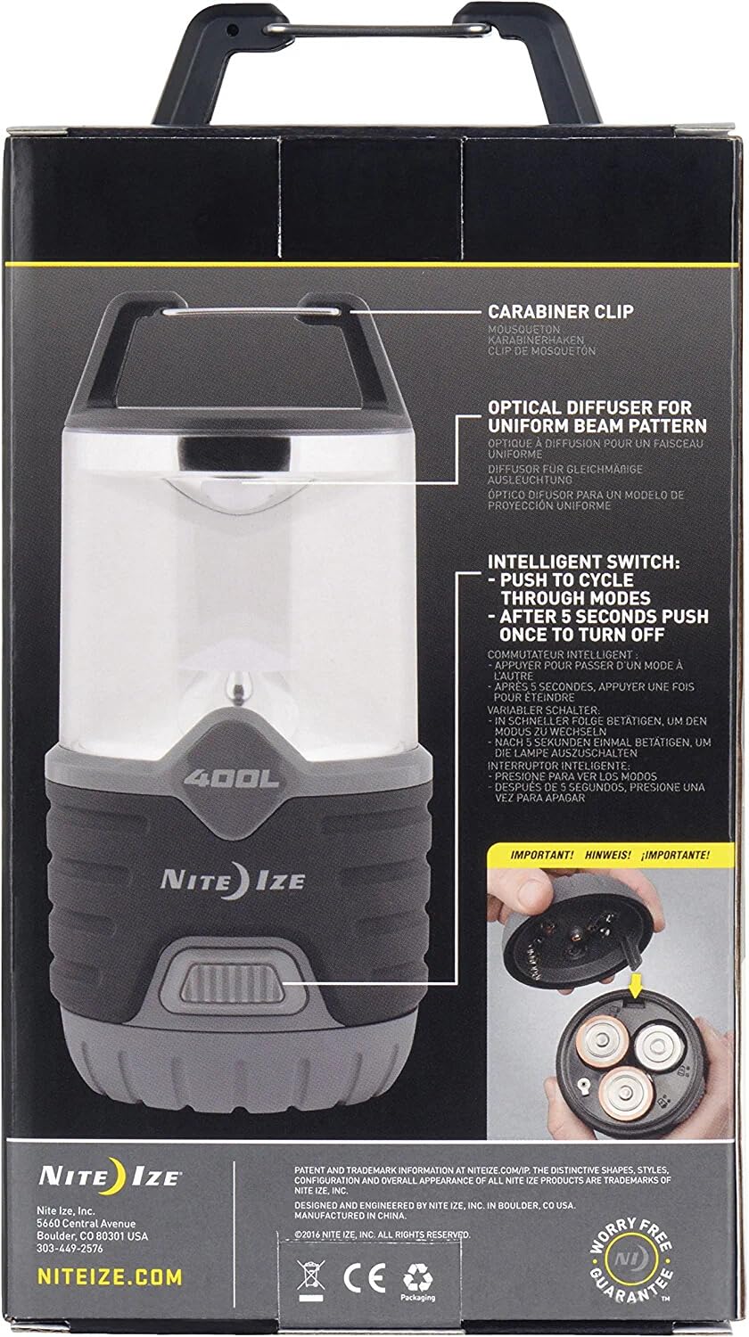 Nite Ize Radiant 400 lantern packaging highlights Worry Free Guarantee