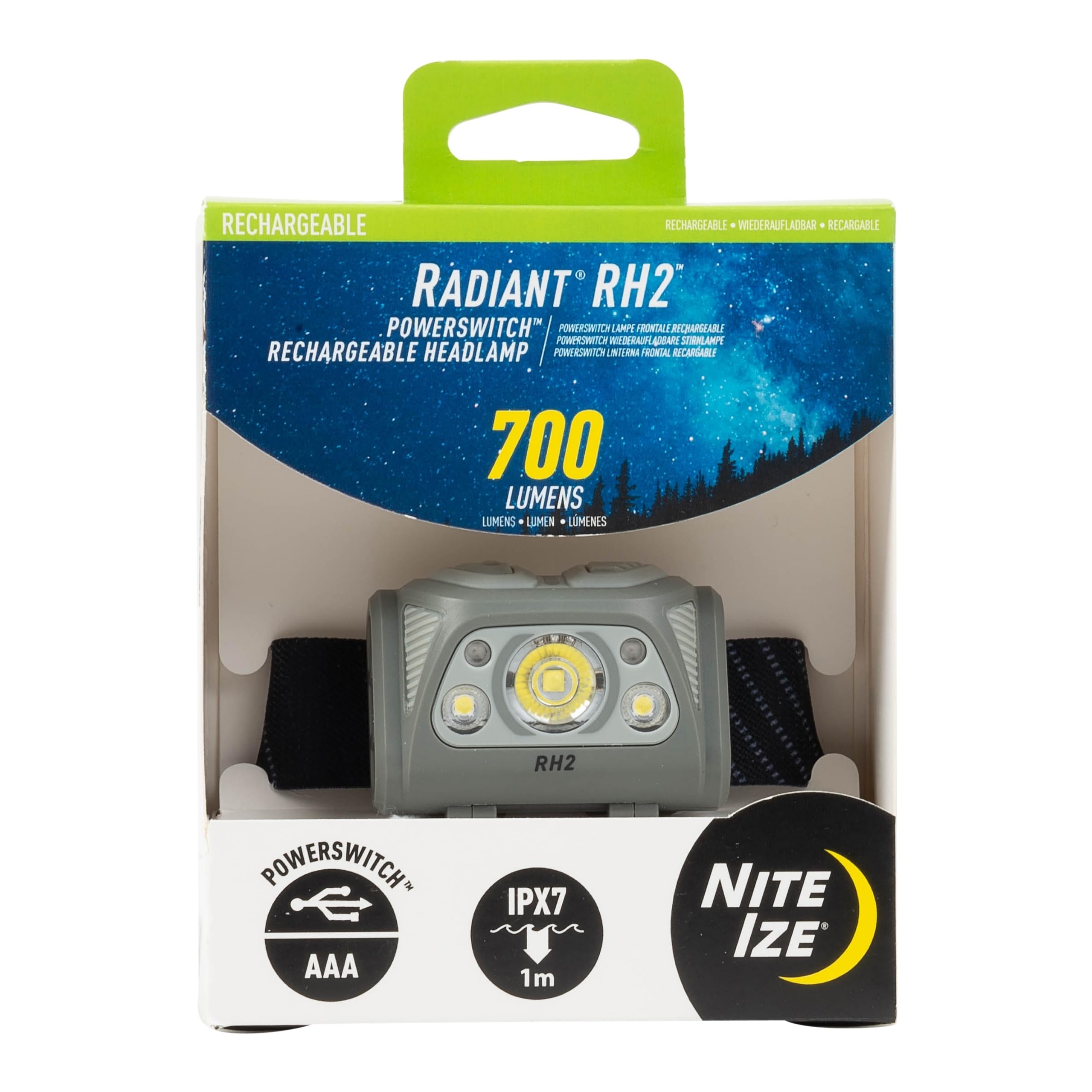 Nite Ize Radiant RH2 front view shows compact headlamp with PowerSwitch for flexible power options