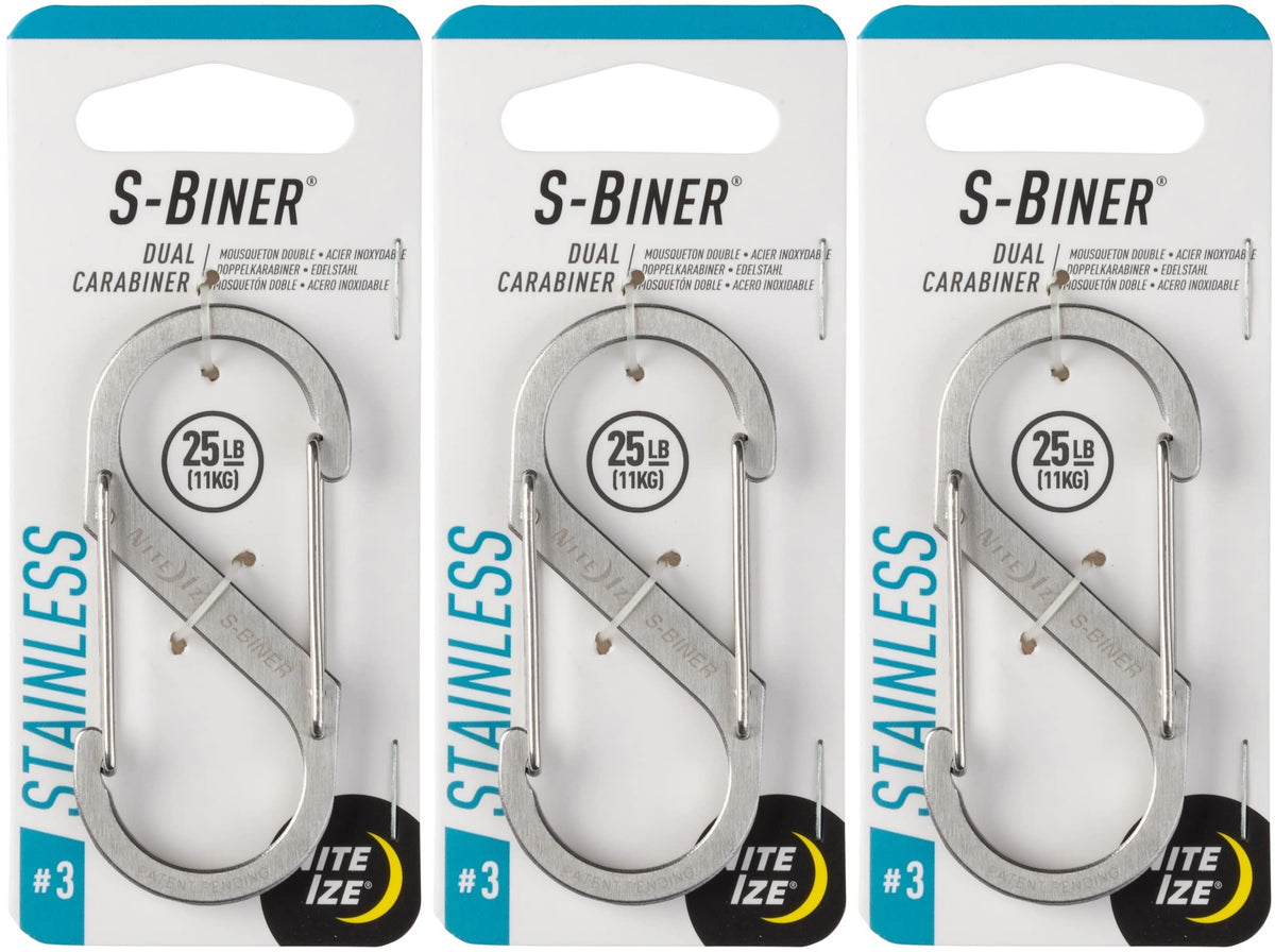 Nite Ize S-Biner #3 Stainless clip closeup, dual gates for secure keys and gear.