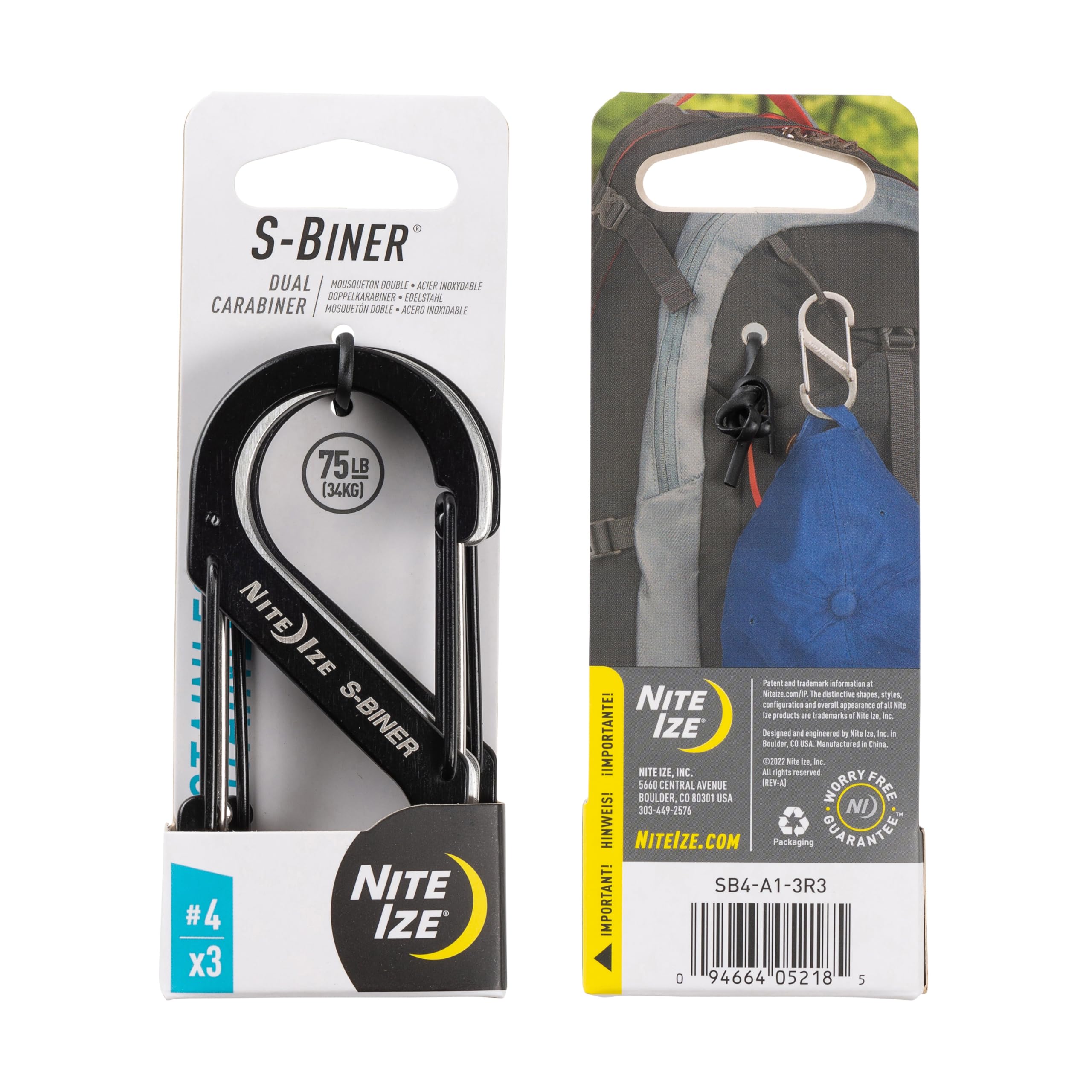 Weight rating up to 75 lb shown on the S-Biner.