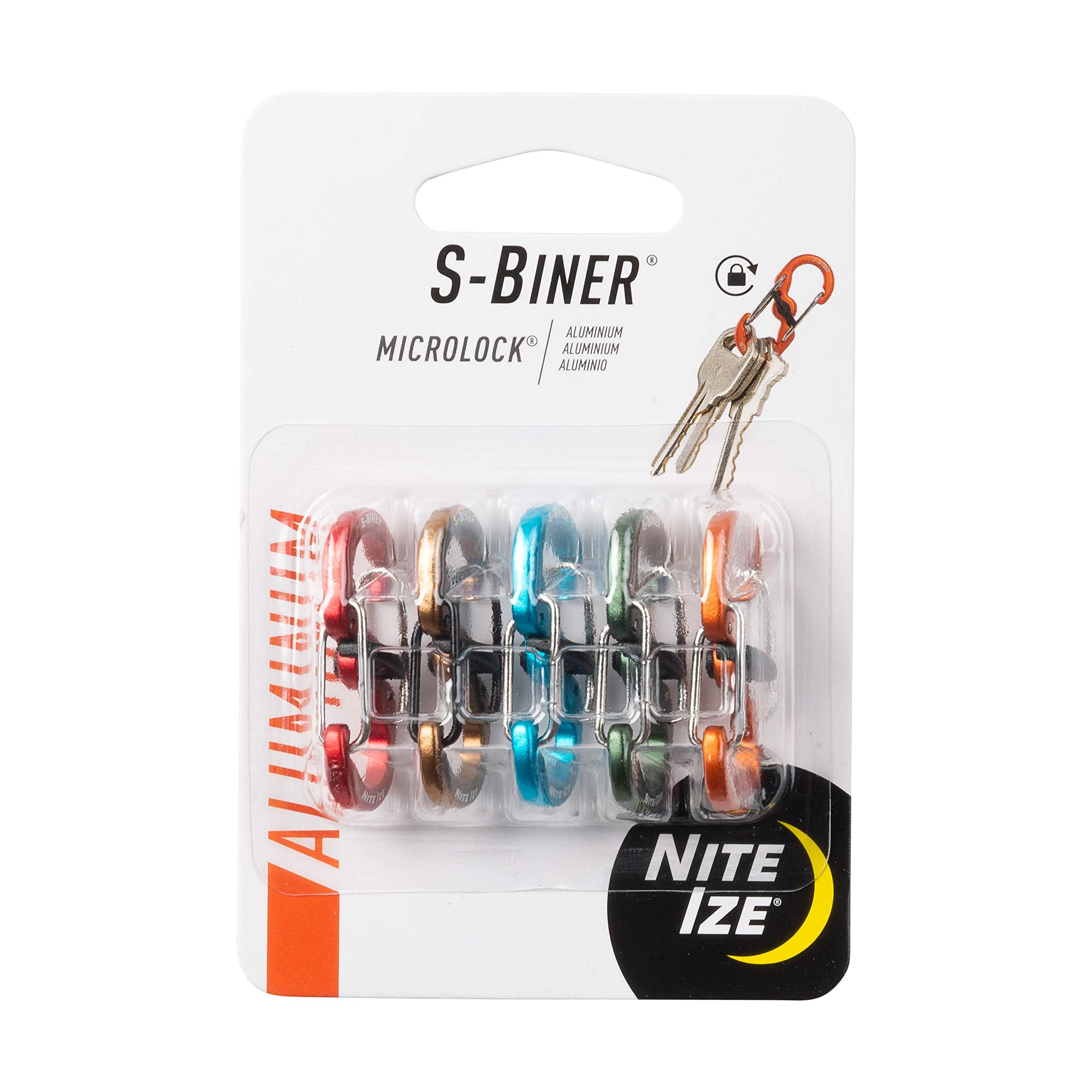 Nite Ize S-Biner MicroLock aluminum 5-pack—compact kit for secure key organization.