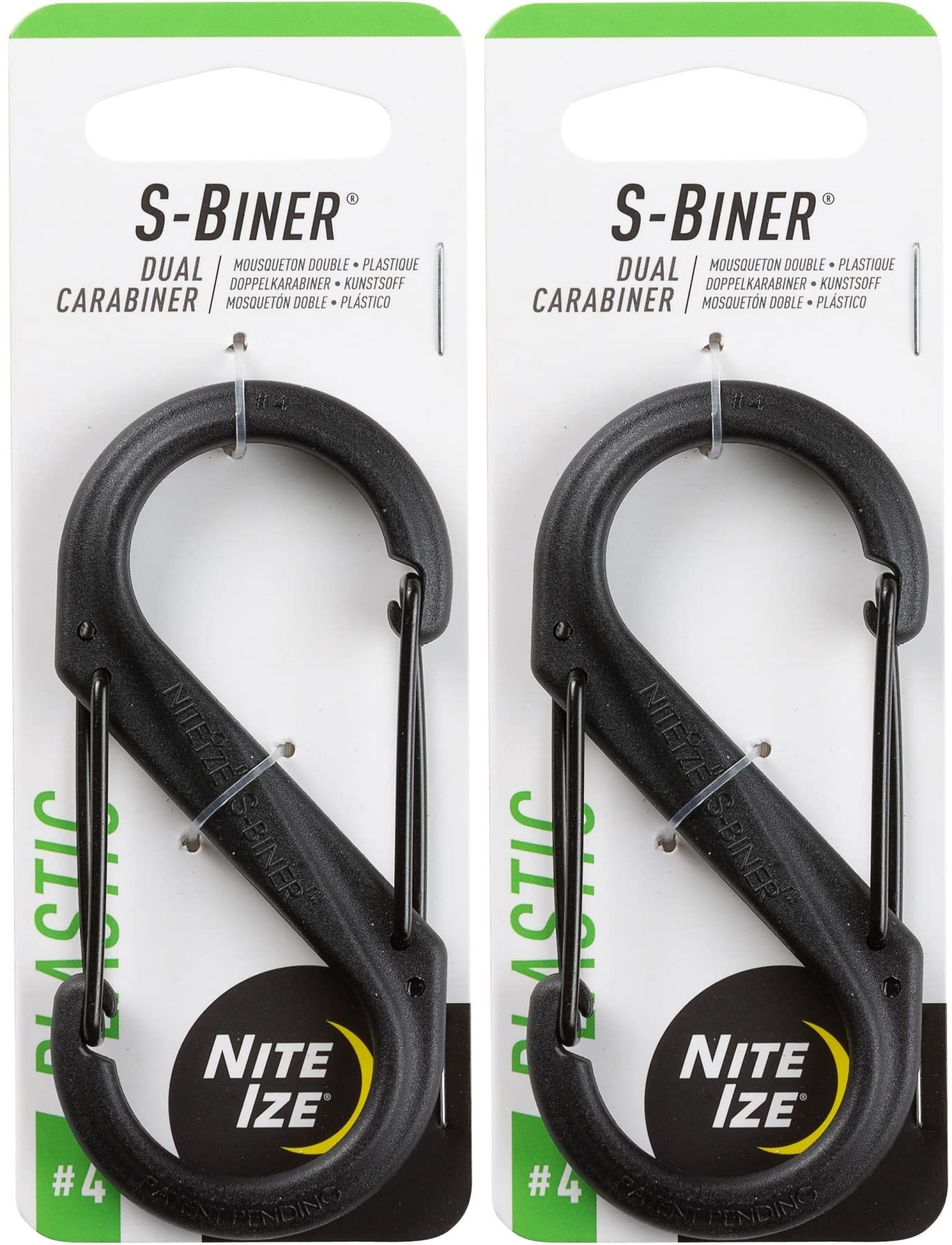 Nite Ize S-Biner plastic dual carabiner in black pack for secure keys and gear organization.