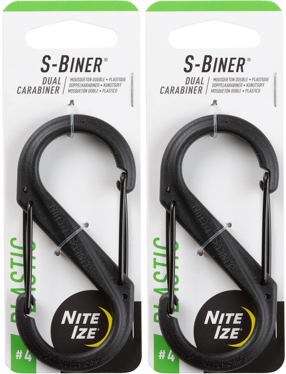 Nite Ize S-Biner plastic dual carabiner in black pack for secure keys and gear organization.