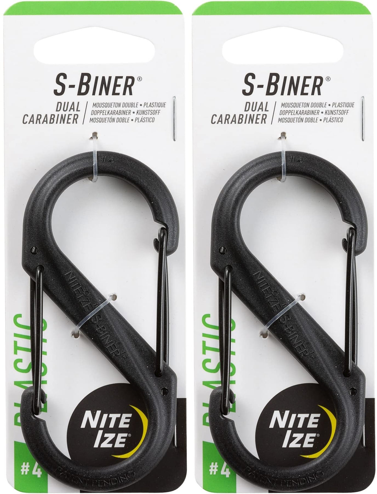 Nite Ize S-Biner plastic dual carabiner in black pack for secure keys and gear organization.