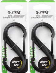 Nite Ize S-Biner plastic dual carabiner in black pack for secure keys and gear organization.