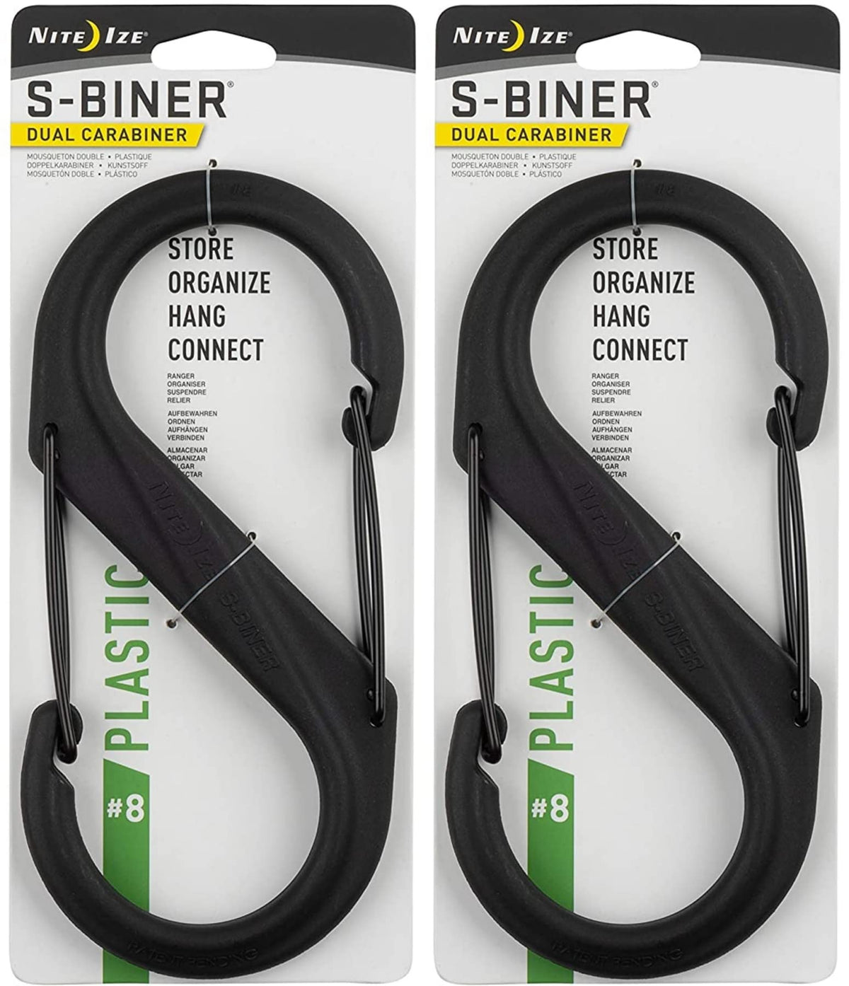 Nite Ize S-Biner #8 black front view with dual gates for secure attachments.