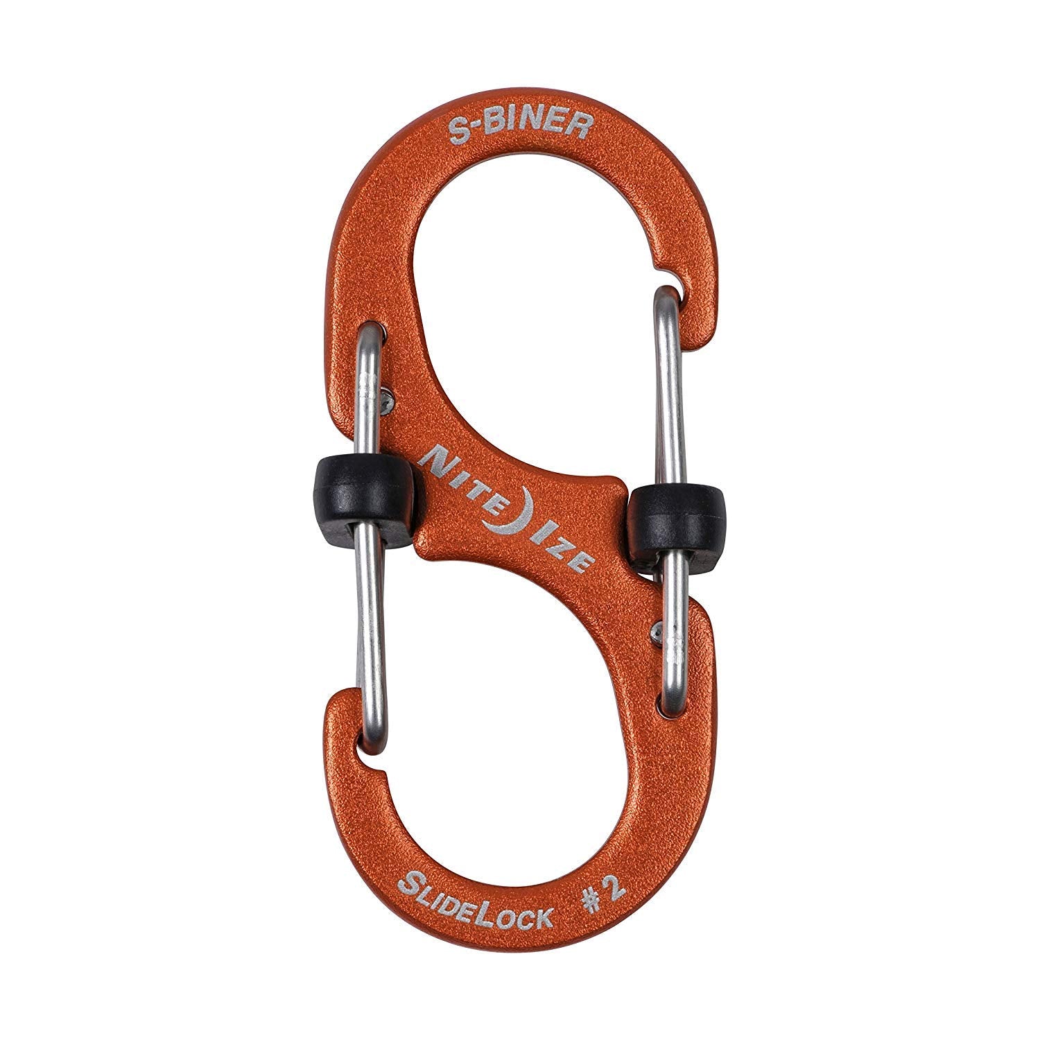 Nite Ize S-Biner Slidelock Aluminum #2 Orange front view, compact dual gate design.