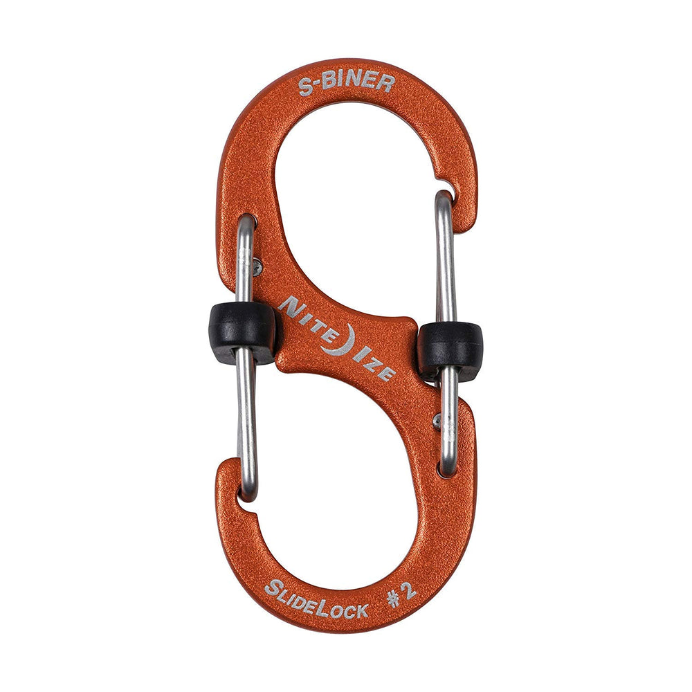Nite Ize S-Biner Slidelock Aluminum #2 Orange front view, compact dual gate design.