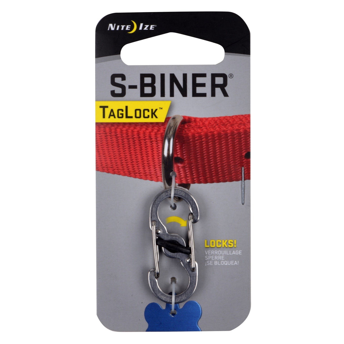 Nite Ize S-Biner TagLock in stainless steel provides durable, secure pet ID tagging.