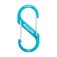 Nite Ize Size-3 S-Biner blue side gate on a backpack strap.