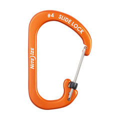 Nite Ize SlideLock No4 orange carabiner showing locking gate and aluminum body.