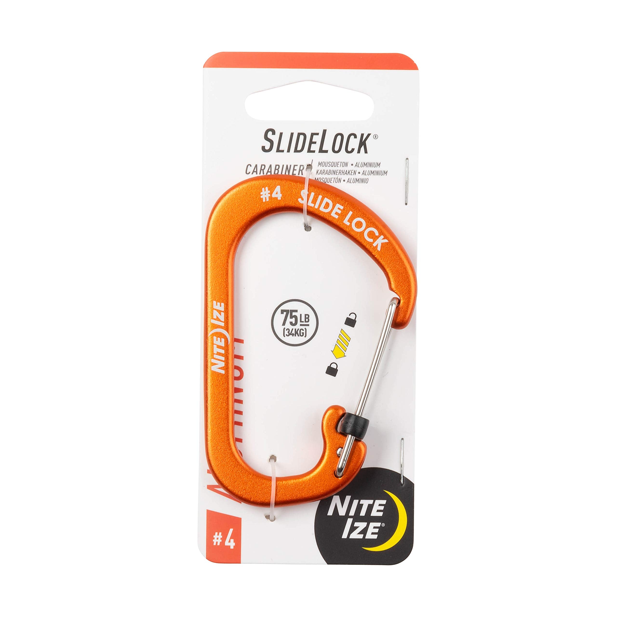 Nite Ize SlideLock No4 orange carabiner with secure locking gate.