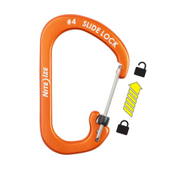 Close-up of Nite Ize SlideLock No4 orange aluminum carabiner.