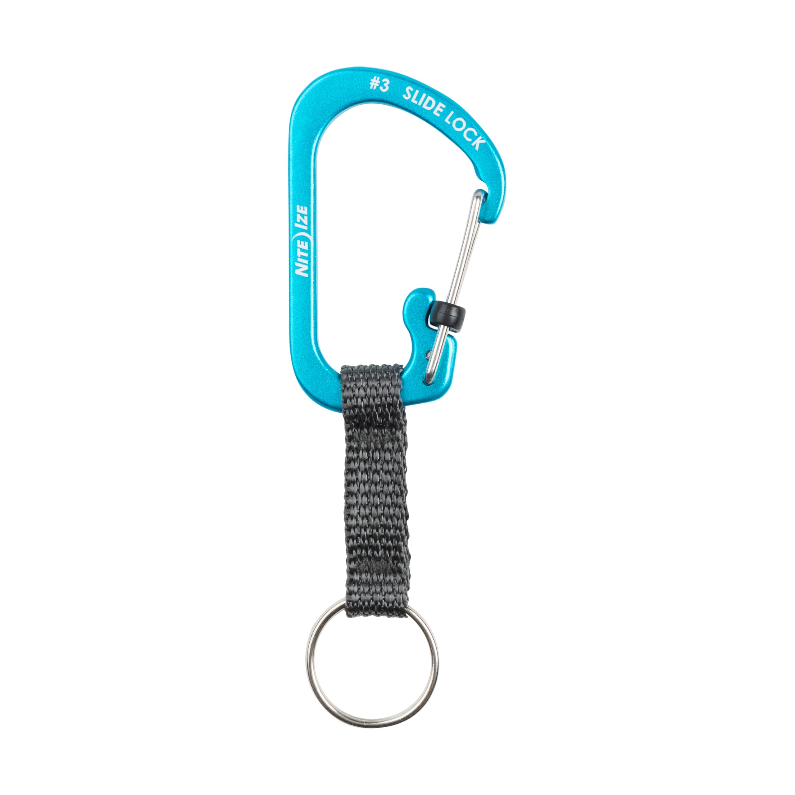 Nite Ize SlideLock blue carabiner with locking gate for secure keys.
