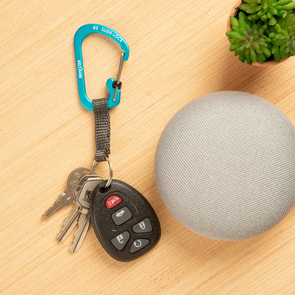 Blue accents highlight durable, low-profile design of the carabiner.