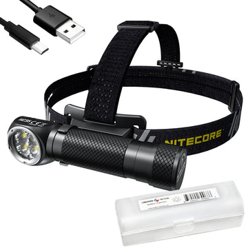Nitecore HC35 headlamp worn on headband for hands-free night tasks.