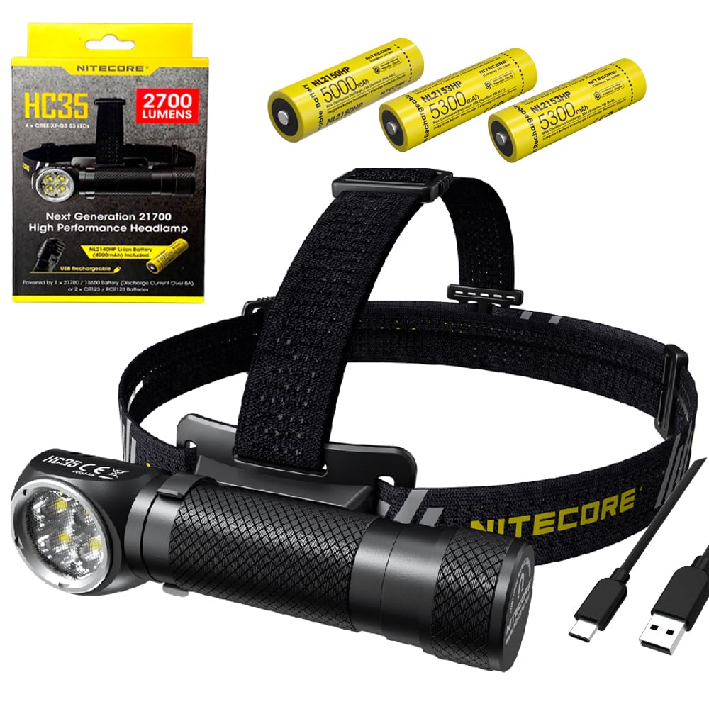 Nitecore HC35 headlamp worn on head for hands-free trail lighting.